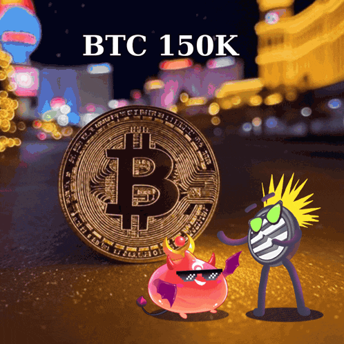 a coin with the letter b on it and the words btc 150k above it