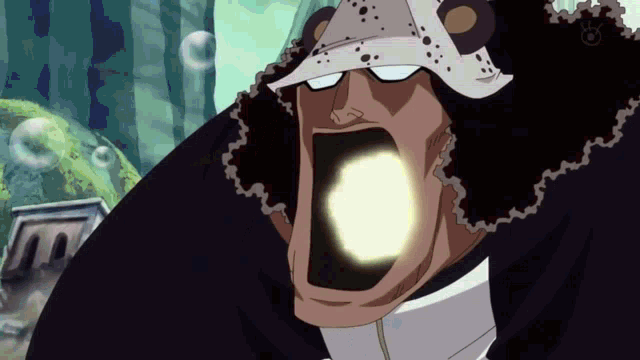 a close up of a cartoon character with a light coming out of his mouth