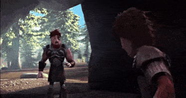 two cartoon characters are standing next to each other in a cave in a forest .
