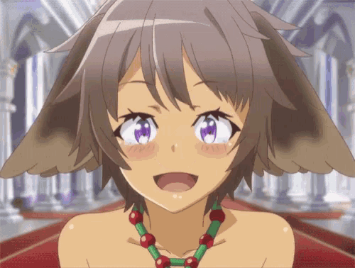a girl with brown hair and purple eyes is wearing a red and green necklace