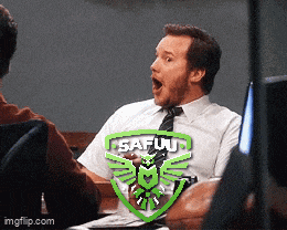 a man in a white shirt and tie is sitting at a table with his mouth open in front of a logo that says saful