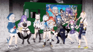 a group of anime girls are standing in front of a green truck