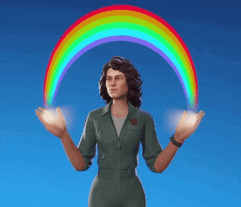 a woman is holding a rainbow in her hands and a rainbow is coming out of her hands .
