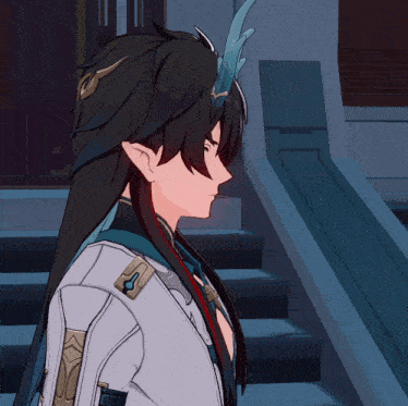 a cartoon character with long black hair and a blue horn on his head