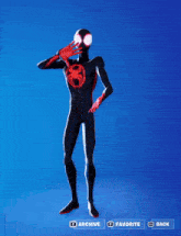 a man in a black spiderman suit is dancing in front of a blue background