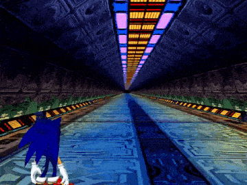 sonic the hedgehog in a video game runs through a dark tunnel