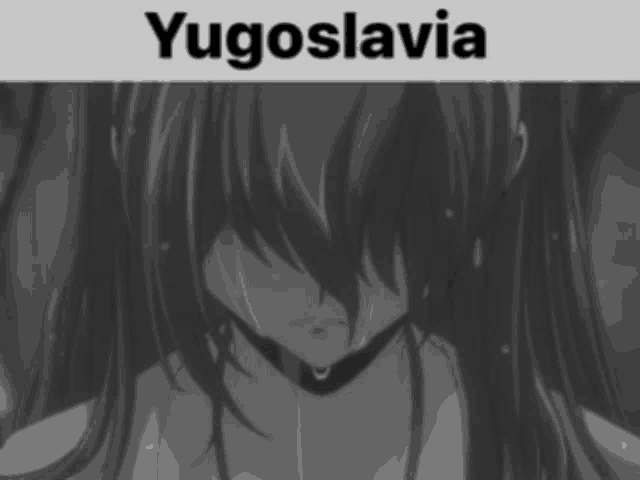 a black and white image of a girl with the word yugoslavia above her head