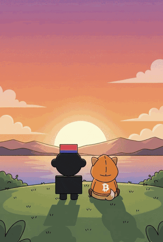a cartoon drawing of two animals looking at a sunset