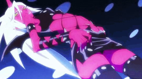 a pink and black anime character with horns and a shark tail