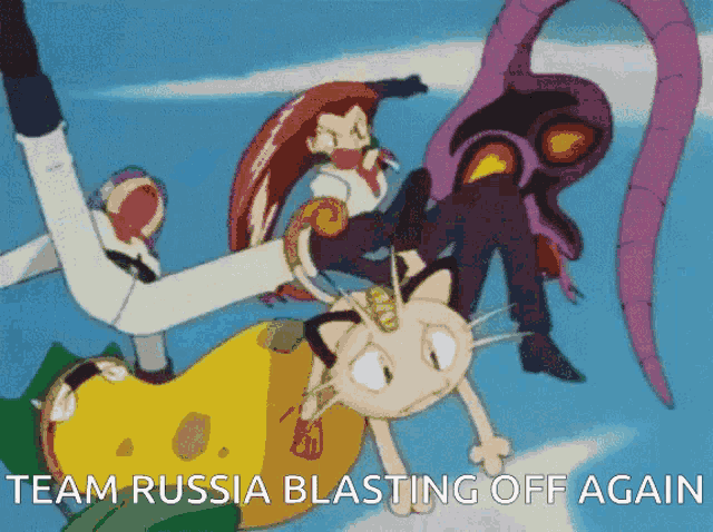 a cartoon scene with the words team russia blasting off again below it