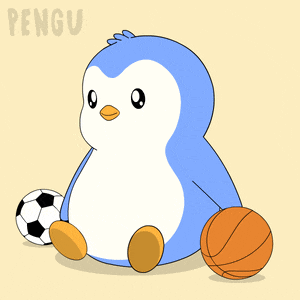 a penguin is sitting next to a soccer ball and basketball