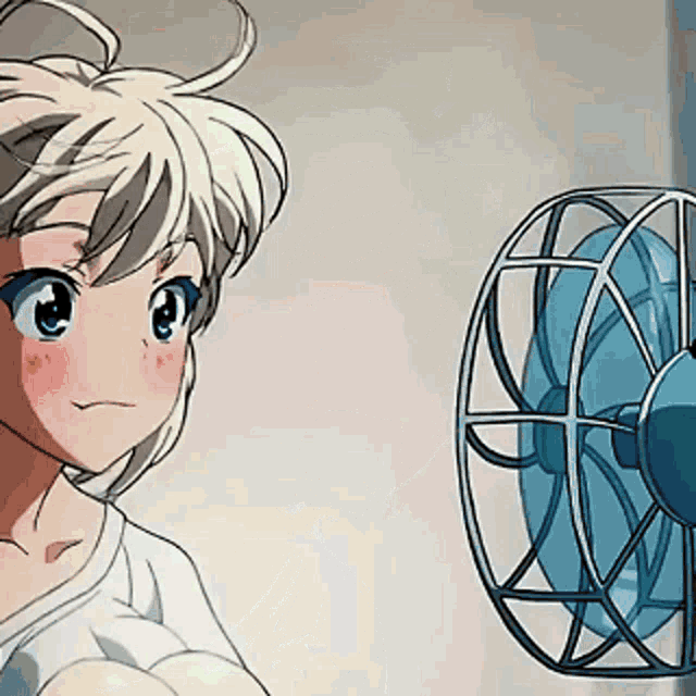 a girl with blonde hair is standing next to a blue fan