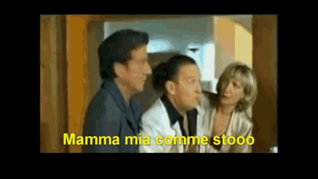 a group of people standing next to each other with the words mamma mia comme stooo in yellow