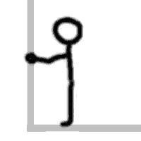 a stick figure is leaning against a wall and looking out .