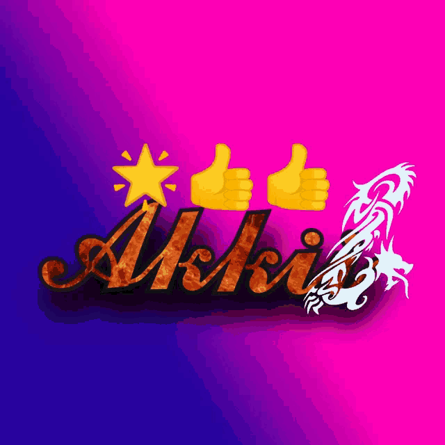 a pink and blue background with the name akil and two thumbs up icons