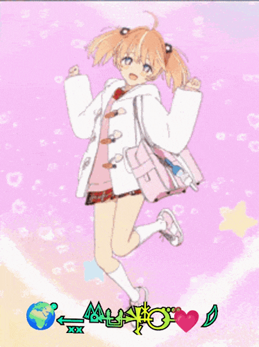 a cartoon girl is standing in front of a desk with the letters m and o on the bottom