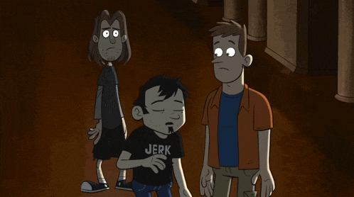 three cartoon characters one of whom is wearing a black shirt with the word jerk on it