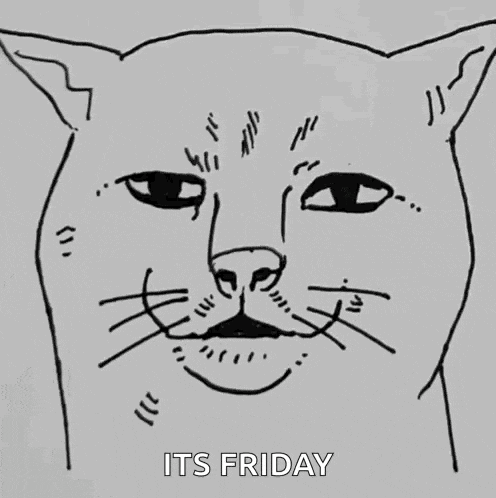 a black and white drawing of a cat 's face with the words `` it 's friday '' written on it .