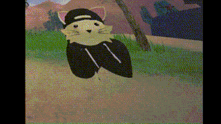 a cartoon cat wearing a baseball cap and pants is flying through the air .