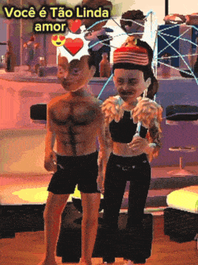 a couple of cartoon characters standing next to each other with the words voce e tão linda amor written above them
