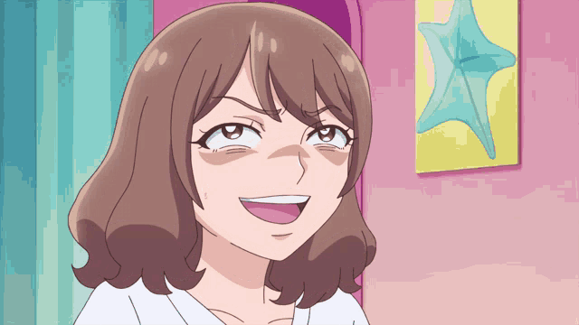 a cartoon girl is smiling in front of a picture of a starfish on a wall