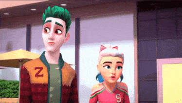 a cartoon character with green hair and a jacket that says z on it