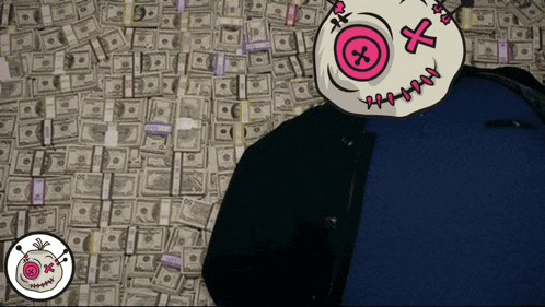 a cartoon character with a pink button on his face