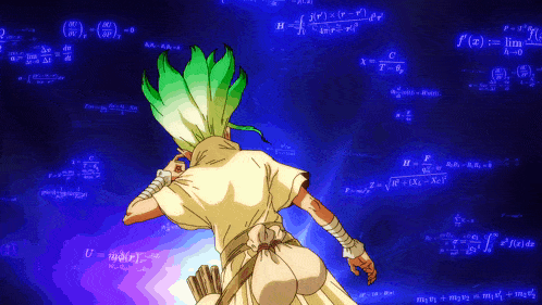 a man with green hair is standing in front of a blue background with mathematical equations