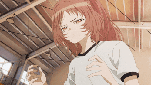 a girl with red hair is wearing a white shirt with a black collar