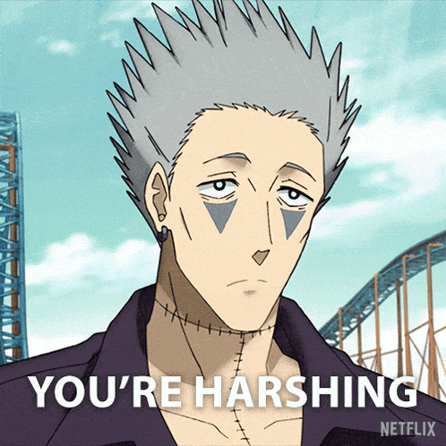 a cartoon character with a roller coaster in the background says you 're harshing
