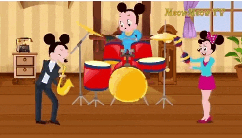 a cartoon of mickey mouse playing drums and a saxophone