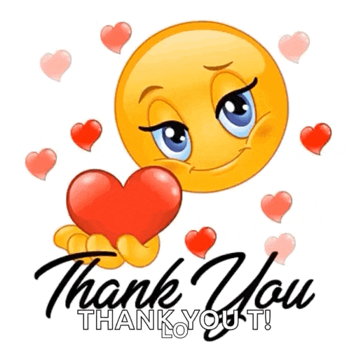 a smiley face is holding a red heart with the words thank you written below it
