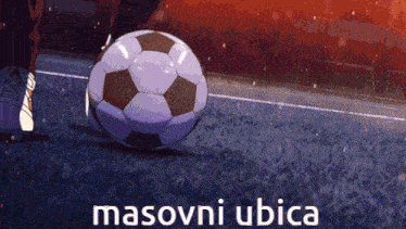 a person kicking a soccer ball with the words masovni ubica written below it