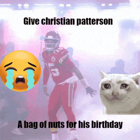 a picture of a football player with the caption " give christian patterson a bag of nuts for his birthday " ..
