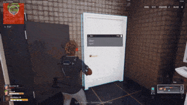a screenshot of a video game shows a man standing in front of a door that says door open