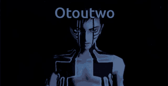 otoutwo is written on a black background with a blue character
