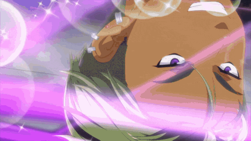 a close up of a person with purple eyes