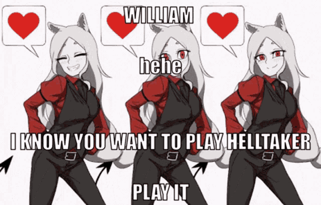 three anime girls are standing next to each other with speech bubbles that say " william "