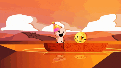 a cartoon character wearing a party hat is sitting on a boat