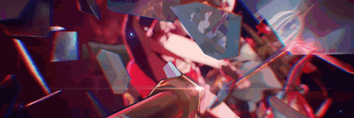 a computer generated image of a person holding a sword in a dark room surrounded by pieces of glass .