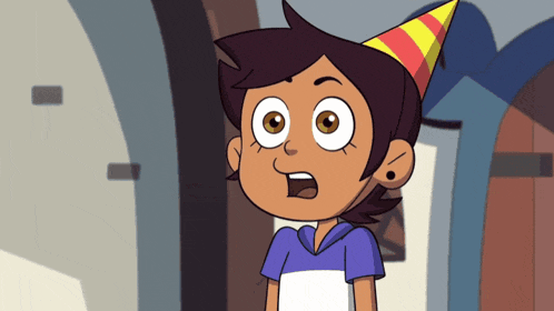 a cartoon character is wearing a party hat and making a surprised face