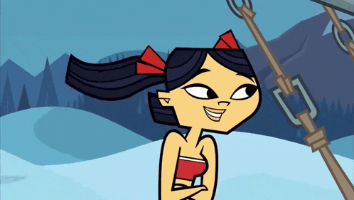 a cartoon girl with a red bow in her hair is smiling in the snow