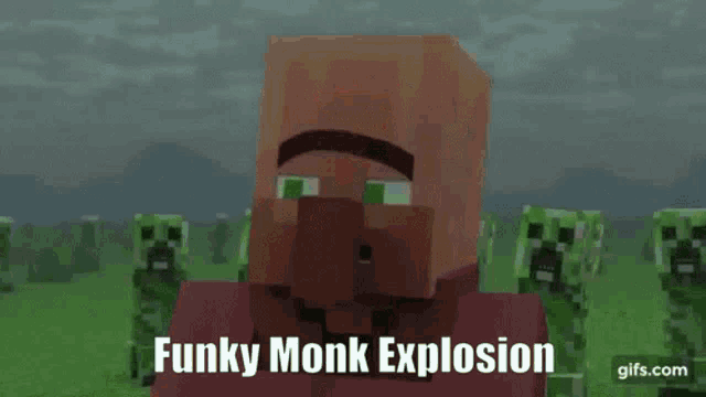 a minecraft character is standing in front of an explosion with the words funky monk explosion on the bottom
