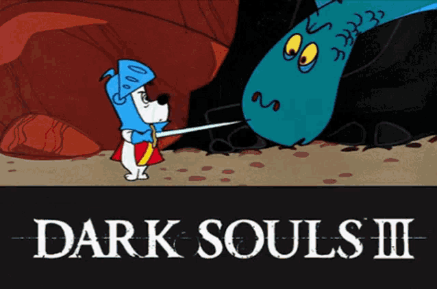 a cartoon of a dog holding a sword with the words dark souls iii below it