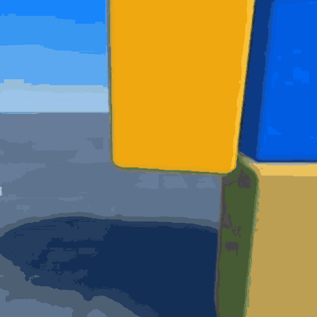 a drawing of a yellow and blue block with a blue sky behind it