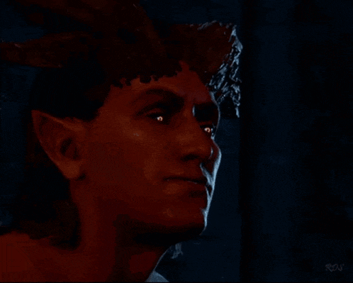a close up of a demon with horns and ears