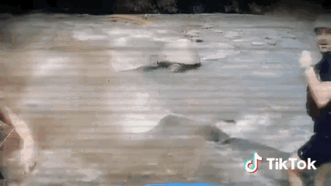 a man is swimming in a river with a turtle in the background and the word tiktok on the bottom