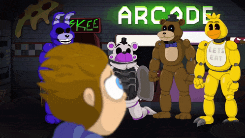 a cartoon of five nights at freddy 's characters standing in front of an arcade