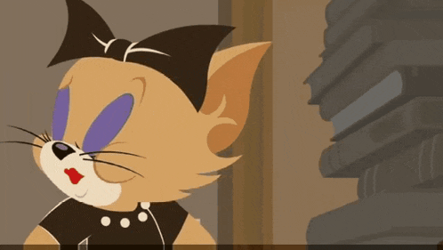 a cartoon cat with purple eyes and a black bow