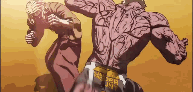 a cartoon of two men fighting with one wearing under armour pants